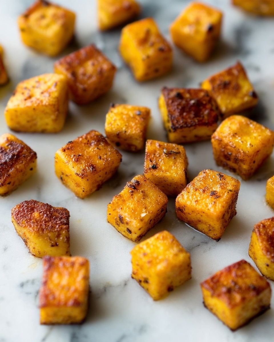 The image shows many small, golden-brown cubes that are roasted and placed on a white surface with a marbled texture. Each cube has a slightly crispy and shiny outside with a soft texture inside, and they are spaced with some gaps between them, giving a clear view of each piece. The lighting highlights the warm, rich color and crisp edges of the cubes, making them look fresh and appetizing. Photo taken with an iphone --ar 4:5 --v 7