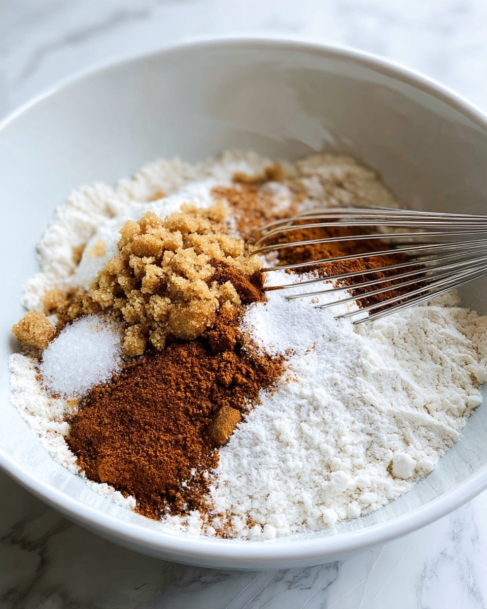 A close-up view of a white bowl filled with several dry ingredients layered loosely. The base layer shows white flour covering most of the bowl’s bottom, with light brown sugar clumps scattered on top. Darker brown spices like cinnamon and nutmeg are sprinkled over the middle, creating a textured and grainy appearance. There is also a small pile of white powdery substance, likely baking soda or baking powder, near the center. A silver metal whisk rests inside the bowl on the right side, partially buried in the mixture. The bowl sits on a white marbled surface. photo taken with an iphone --ar 4:5 --v 7