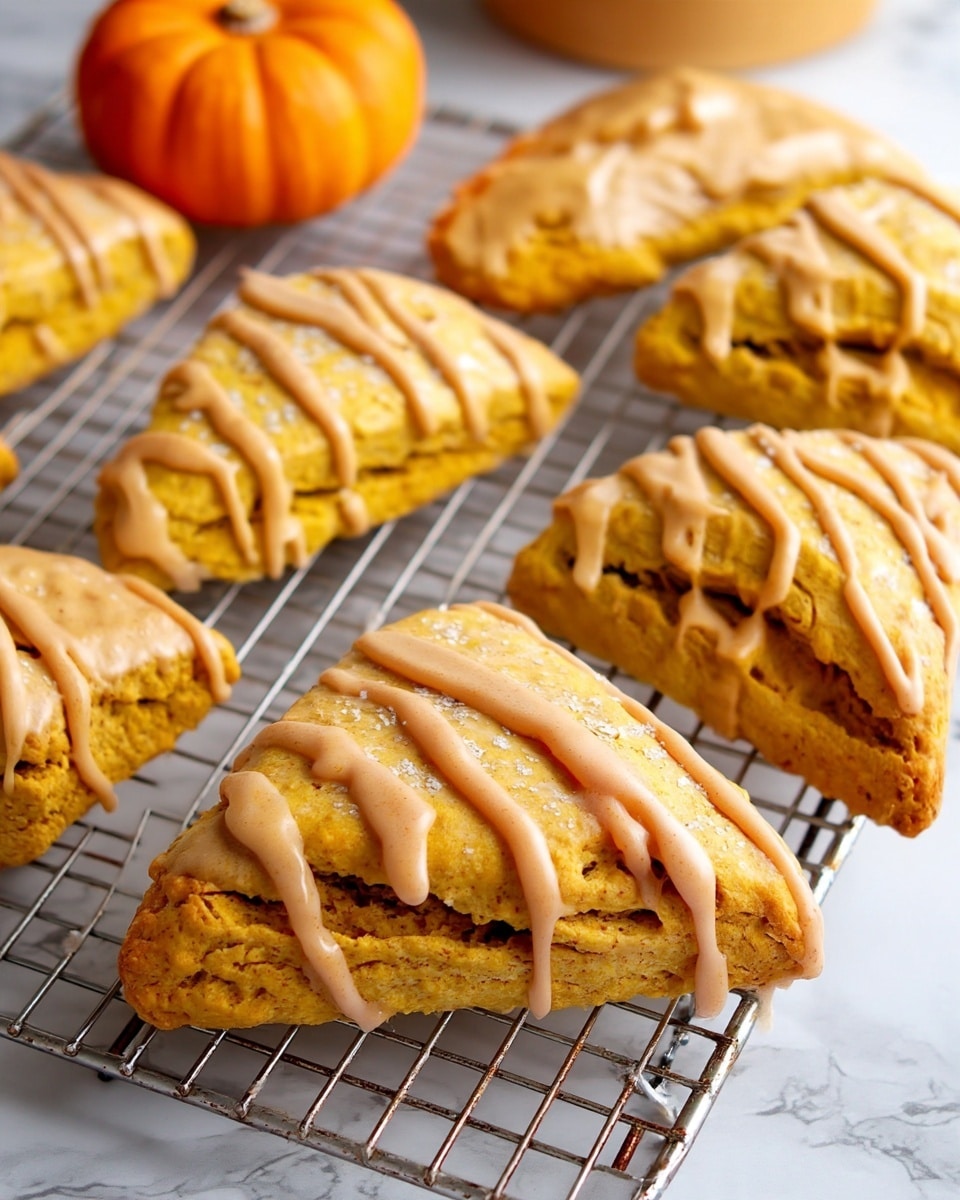 The image shows several triangle-shaped pumpkin scones on a silver metal cooling rack placed over a white marbled surface. The scones have a warm orange-brown color with a soft, crumbly texture and light cracks on the surface. Some scones are topped with a smooth light brown glaze, while others have the glaze drizzled in thin lines diagonally across the top. In the background, there is a small bright orange pumpkin that adds a seasonal touch. The overall scene conveys a cozy autumn vibe with warm colors and a fresh baked look. photo taken with an iphone --ar 4:5 --v 7