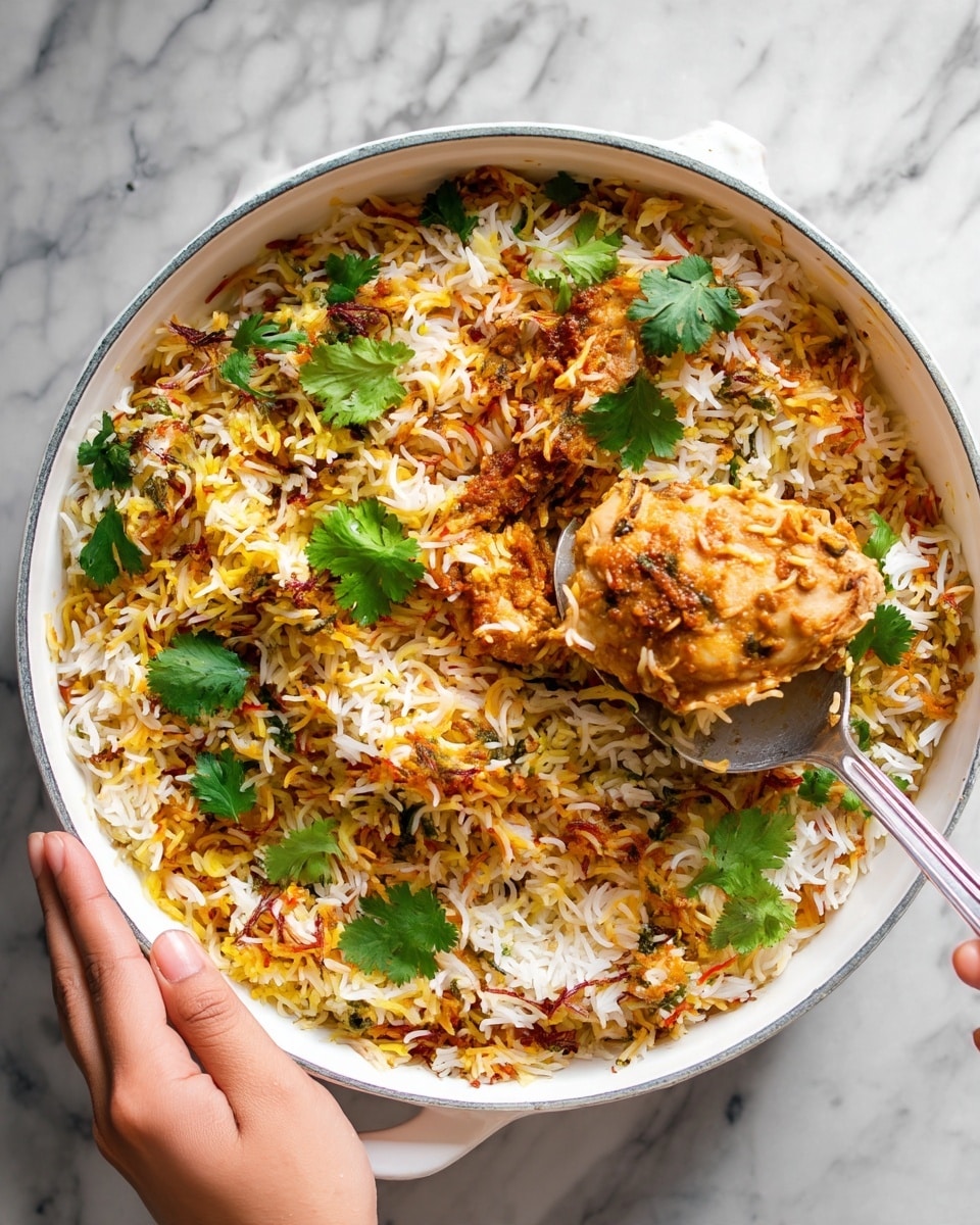 A close-up top view of a white round pan filled with colorful biryani rice, showing a mix of white, yellow, and light brown grains with visible spices and green cilantro leaves scattered on top. In the middle, a silver spoon held by a woman's hand lifts a piece of cooked chicken covered with a brownish-orange sauce mixed with rice grains. The white marbled surface is barely visible around the pan edges. photo taken with an iphone --ar 4:5 --v 7