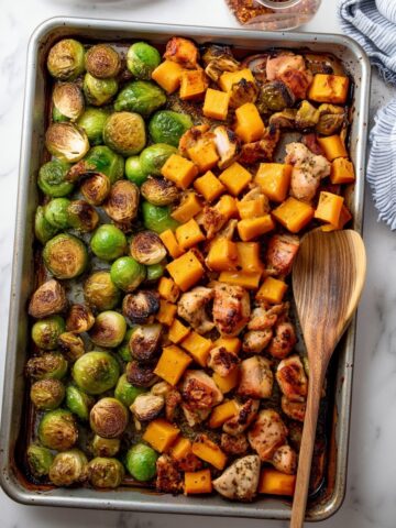 Maple Dijon Sheet Pan Chicken with Brussels Sprouts and Butternut Squash Recipe