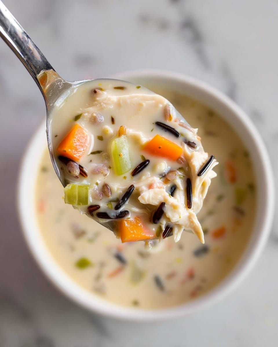 A white speckled bowl shows thick creamy soup filled with multiple layers of chunky orange carrots, light green celery pieces, shredded white chicken, and thin dark wild rice strands all mixed in a pale creamy broth; the bowl sits on a wooden plate with a silver spoon to the left and a saltine cracker with a slightly toasted top resting beside the bowl, all placed on a white marbled surface with a red cloth folded on the right side, photo taken with an iphone --ar 4:5 --v 7