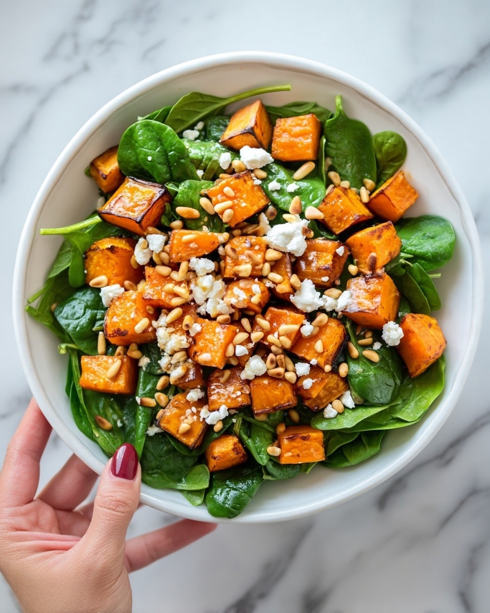 A white bowl filled with fresh green spinach leaves as the bottom layer, topped with several pieces of roasted orange butternut squash, some crumbled white goat cheese sprinkled unevenly over the salad, and scattered brown walnuts evenly spread on top. Two silver serving spoons rest inside the bowl on the right side, with a white marbled surface underneath. In the background, there are stacked white plates with forks on top. Photo taken with an iphone --ar 4:5 --v 7
