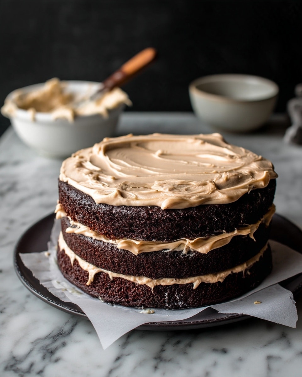 A two-layer dark chocolate cake with light beige frosting spread unevenly on top and between the layers, showing some of the cake’s texture through the thin layer of frosting on the sides. The cake sits on parchment paper on a dark plate. In the background, there is a white bowl with more frosting and a wooden spoon inside. The surface underneath is a white marbled texture, and the background is dark, making the cake stand out. photo taken with an iphone --ar 4:5 --v 7