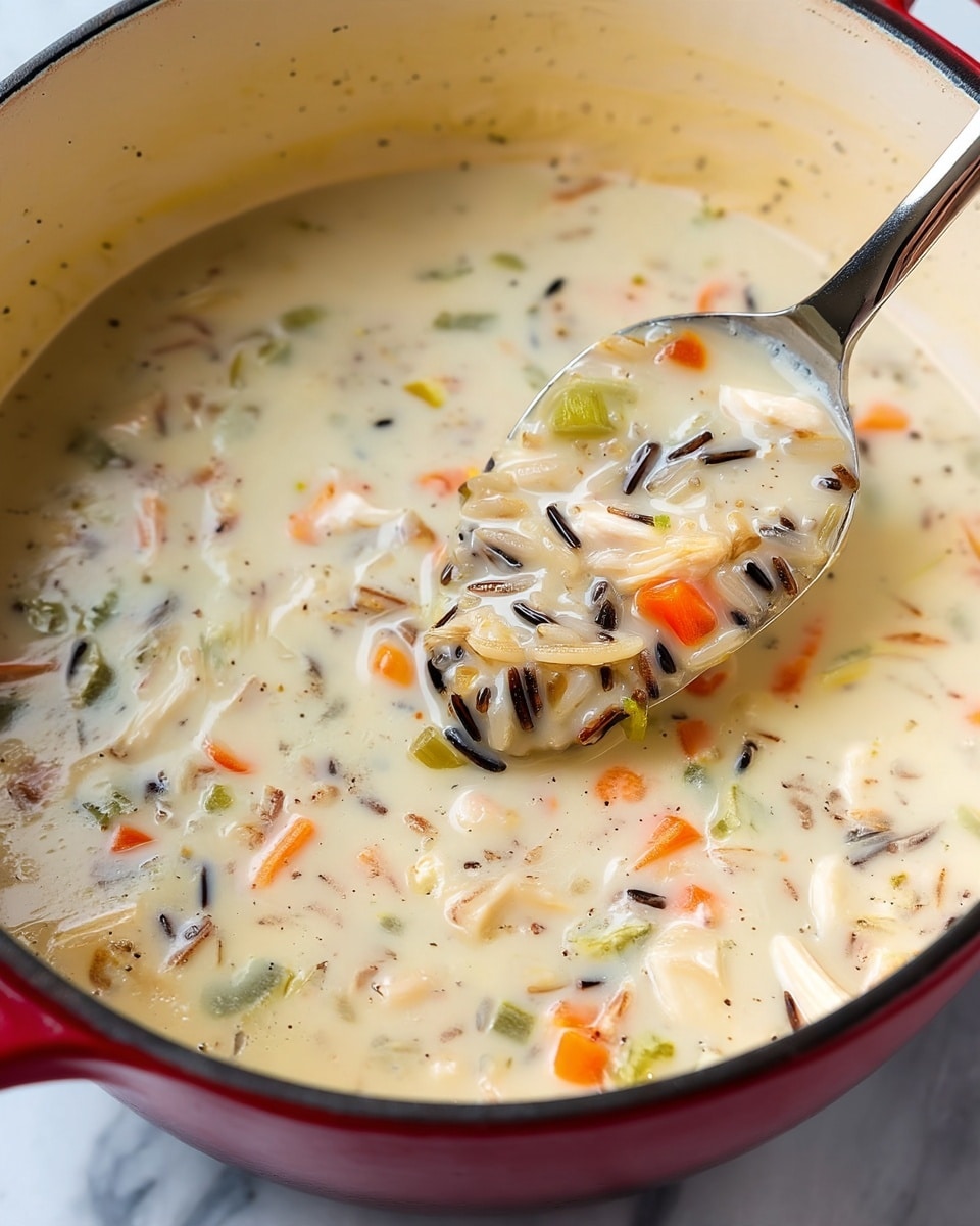 The image shows a close-up of a thick creamy soup held by a ladle, filled with several visible layers. The base layer is a smooth, pale beige creamy broth. Floating within the broth are soft pieces of white shredded chicken, small chunks of bright orange carrots, light green celery bits, and some long slender dark wild rice grains scattered throughout. The ladle is shiny metal with a simple handle, lifting a generous amount of soup that clearly shows the mix of textures and colors. The background has a white marbled texture, softly blurred to focus on the ladle. Photo taken with an iphone --ar 4:5 --v 7