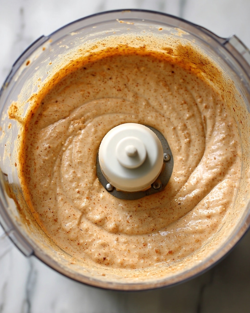 The image shows a close-up top view of a food processor bowl filled with a smooth, light brown mixture that has tiny darker specks throughout. The mixture has a creamy texture with visible small bits, giving it a slightly grainy look. The white blade is centered in the bowl, slightly covered by the mixture, and the clear plastic walls reveal some clinging bits of the mixture. The background is a white marbled texture. photo taken with an iphone --ar 4:5 --v 7