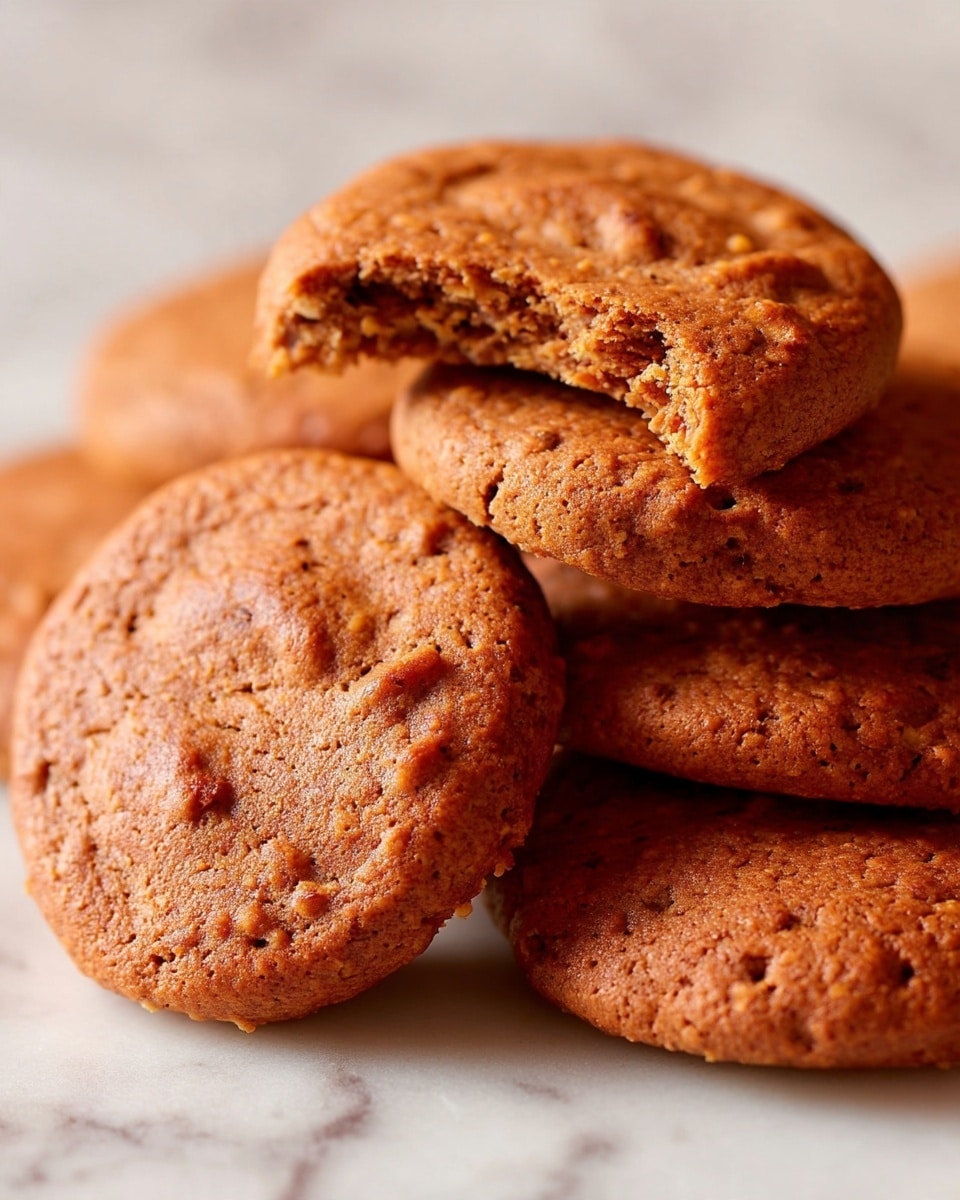 A close-up view of a pile of round, soft brown cookies with a slightly rough texture, showing small visible bits inside. One cookie in the top left has a bite taken out of it, revealing a moist and dense interior. The cookies are stacked on a white marbled surface, overlapping slightly with some edges touching. The overall color is warm brown with subtle variations, and the surface of each cookie appears slightly shiny and uneven. photo taken with an iphone --ar 4:5 --v 7