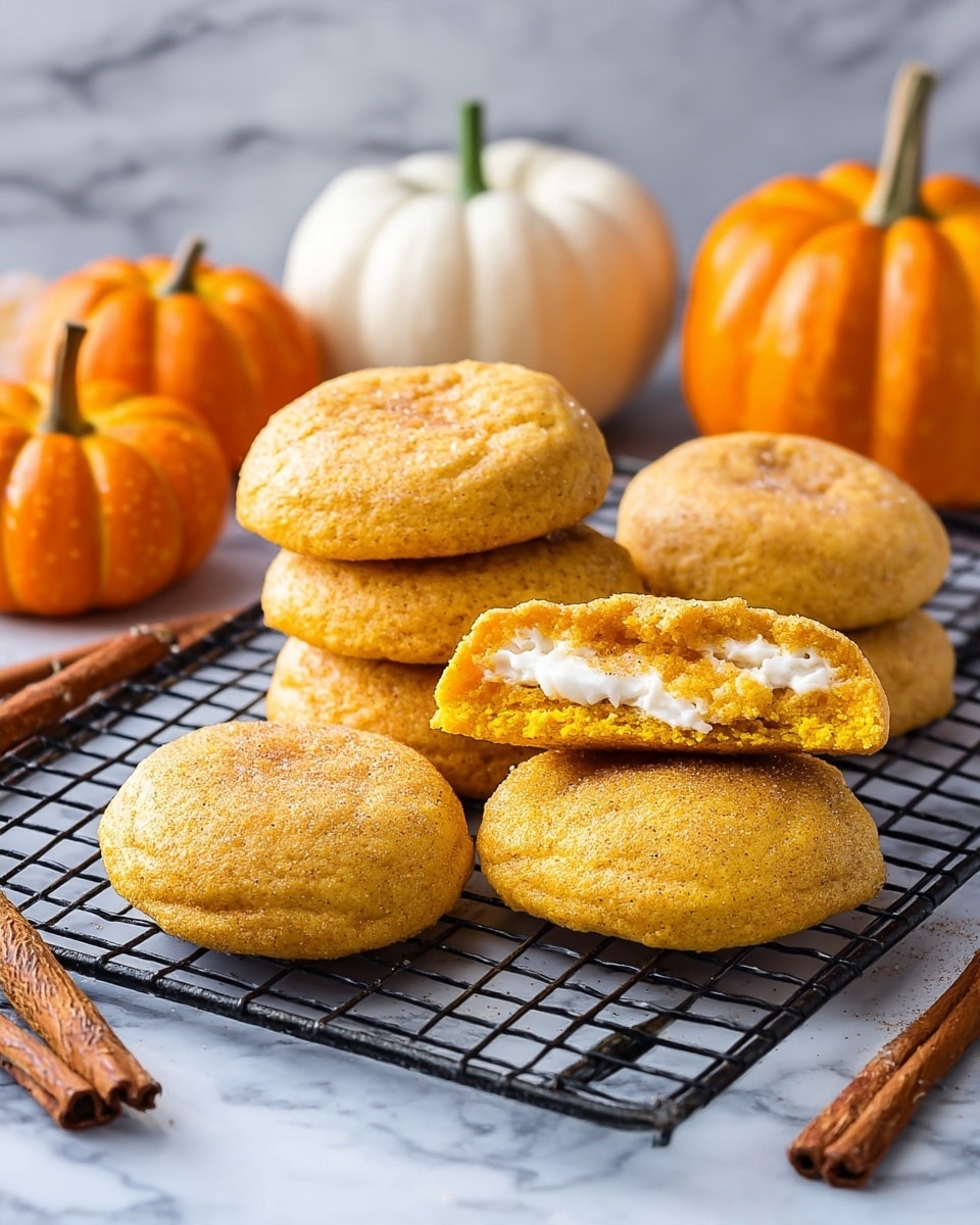 A group of seven round, soft pumpkin cookies with a light orange color and a dusting of cinnamon sugar on top sits on a black wire cooling rack over a white marbled surface; two of the cookies are broken open revealing a creamy white filling inside in the middle, showing two layers—the orange cookie outer layer and the white creamy filling center layer. Nearby, small orange pumpkins and cinnamon sticks add an autumn theme. Photo taken with an iphone --ar 4:5 --v 7