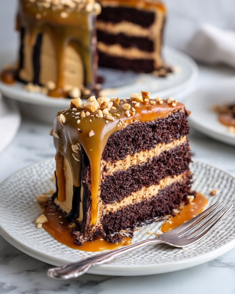A slice of dark brown chocolate cake with three thick layers of light tan frosting between each layer is placed on a white plate with a textured surface. The cake is topped and surrounded by glossy caramel sauce that drips down the sides, sprinkled with small chopped nuts. A silver fork rests on the plate, touching the cake. In the blurred background on a white plate sits the rest of the cake with the same caramel sauce and nut topping. The whole scene is set on a white marbled surface. photo taken with an iphone --ar 4:5 --v 7