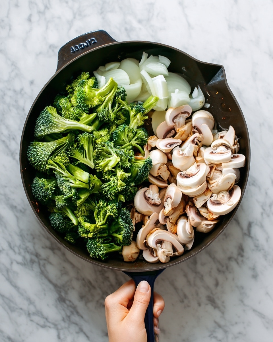 A black pan with three sections filled with different ingredients is shown on a white marbled surface. The left section is full of green broccoli florets, the middle section has white onion pieces that look soft and sliced, and the right section is filled with light brown sliced mushrooms. A woman's hand is holding the pan handle from the side. The colors are bright and natural, showing fresh vegetables clearly. Photo taken with an iphone --ar 4:5 --v 7