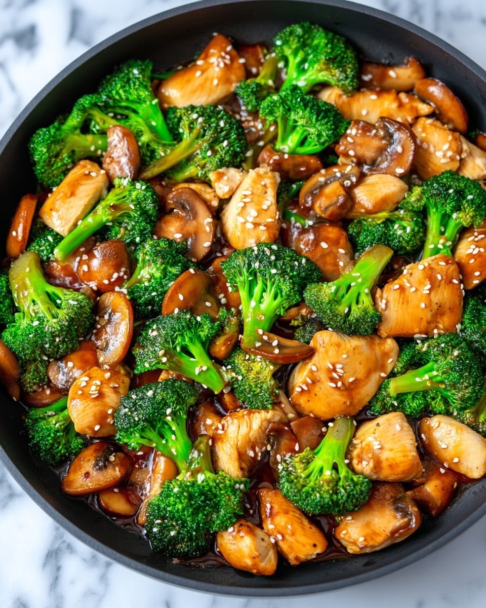 A black pan filled with a glossy stir-fry dish showing three main layers: large chunks of light golden brown chicken pieces scattered throughout; bright green broccoli florets mixed evenly among the chicken; and rich brown mushroom slices spread across the pan. The whole dish is covered in a shiny, thick brown sauce and topped with small white sesame seeds sprinkled all over. The pan rests on a white marbled surface photo taken with an iphone --ar 4:5 --v 7