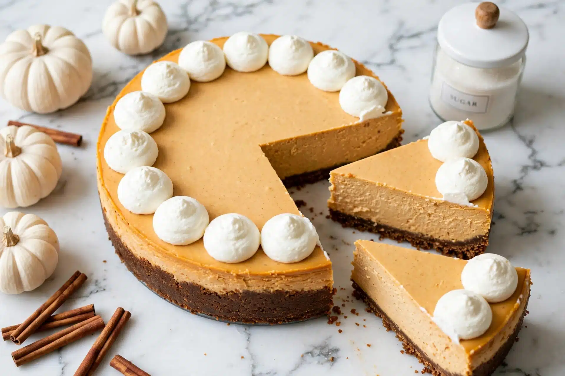 A round two-layer pumpkin cheesecake sits on a white marble surface. The bottom layer is a thick, dark brown crust, and the top layer is a smooth, light orange pumpkin filling. The top edge of the cheesecake is decorated with evenly spaced dollops of white whipped cream. Two slices have been cut and pulled slightly out from the main cheesecake, showing the smooth texture of the filling and crust. Around the cheesecake, there are small white pumpkins, cinnamon sticks, and a white sugar jar on a white marbled background. Photo taken with an iphone --ar 4:5 --v 7