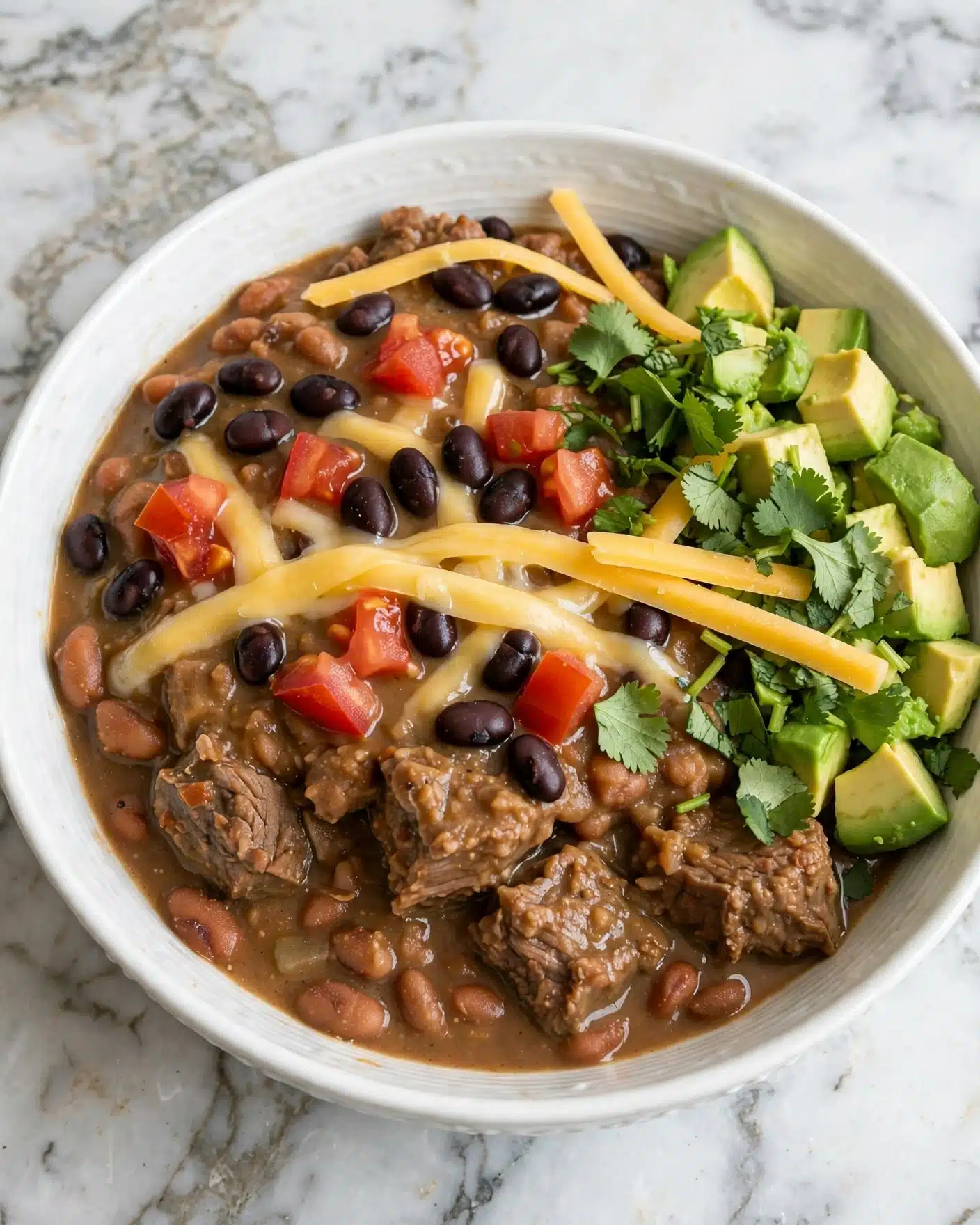 A white bowl filled with a layered dish. The bottom layer is a thick, light brown stew with chunks of meat and beans. On top, there are scattered black beans and small pieces of diced tomatoes. To the right side, there is a bright layer of chopped green avocado and green cilantro leaves. Thin, bright yellow strips of cheese sit over the stew and beans, adding a soft texture. The bowl is on a white marbled surface. Photo taken with an iphone --ar 4:5 --v 7