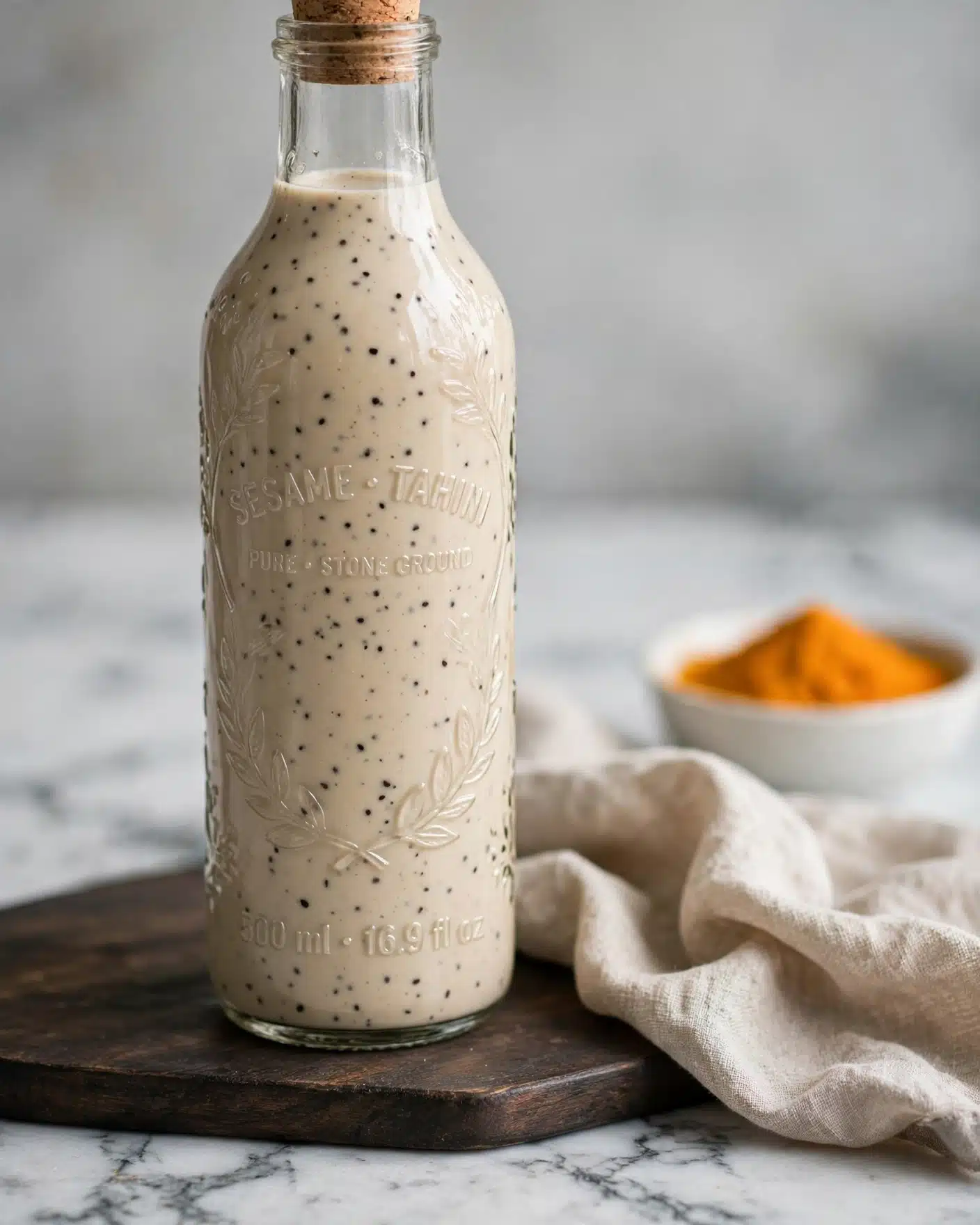 A tall clear glass bottle filled with a light beige creamy liquid speckled with tiny dark dots stands on a dark wooden board. The bottle has embossed lettering and a flower design. Behind it, there is a small white bowl filled with bright orange powder, slightly blurred in the background. A soft, light gray cloth is casually placed next to the bottle, all set on a white marbled surface with a soft light gray backdrop. Photo taken with an iphone --ar 4:5 --v 7