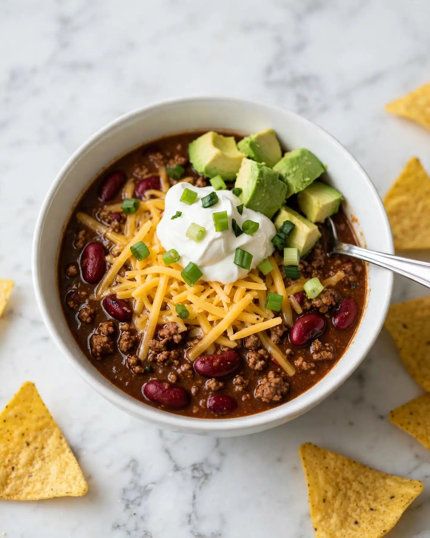 A white bowl sits on a white marbled surface filled with chili that has a rich, dark brown color mixed with visible red kidney beans and bits of ground meat. On top of the chili, there is a layer of shredded yellow cheese, a dollop of white sour cream, and bright green chunks of avocado. Small pieces of chopped green onion are scattered over the sour cream and chili. A silver spoon rests inside the bowl near the avocado pieces. Around the bowl, there are some yellow tortilla chips partly visible. photo taken with an iphone --ar 4:5 --v 7