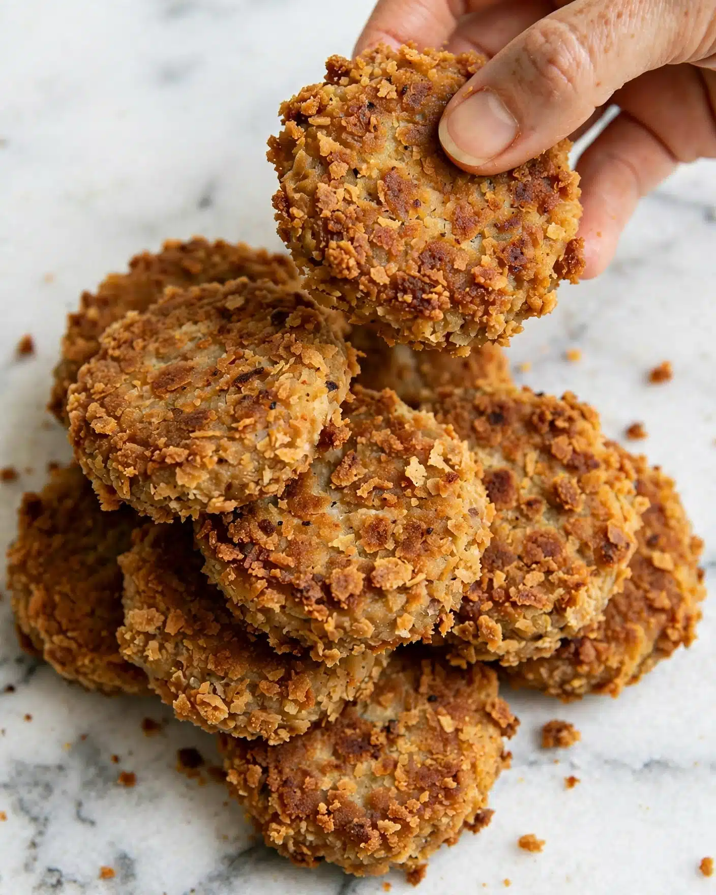 Simple Oven-Baked Chicken Nuggets Recipe 5 The image shows a close-up view of a group of golden brown, crispy patties with a rough, crunchy texture on the outside. The patties are round and slightly uneven in shape, stacked closely together on a white marbled surface. One patty is held up by a woman's hand, showing the thick, crispy crust with browned areas and a crumbly coating that suggests they have been fried or baked to crispiness. The colors range from light golden to deeper brown spots, giving a sense of a well-cooked surface. photo taken with an iphone --ar 4:5 --v 7