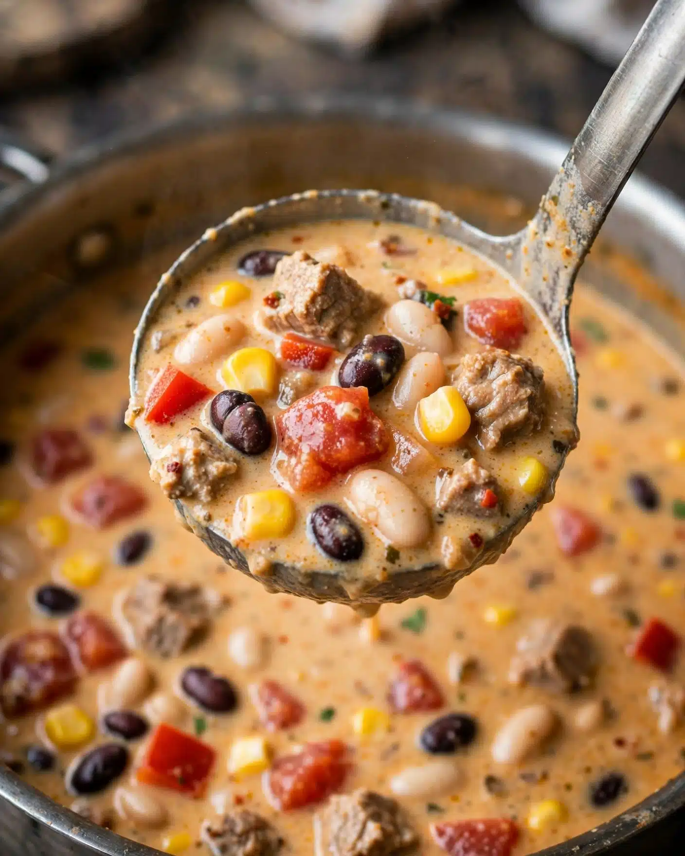 A close-up image of a creamy soup filled with many ingredients. The soup has a thick, light orange broth with bits of red tomatoes, yellow corn, black beans, and white beans scattered throughout. There are also chunks of light brown meat and small pieces of red bell pepper. A metal ladle lifts a portion of the soup, showing all the ingredients clearly on its surface. The background shows the soup pot filled with the same broth and ingredients. The photo taken with an iphone --ar 4:5 --v 7