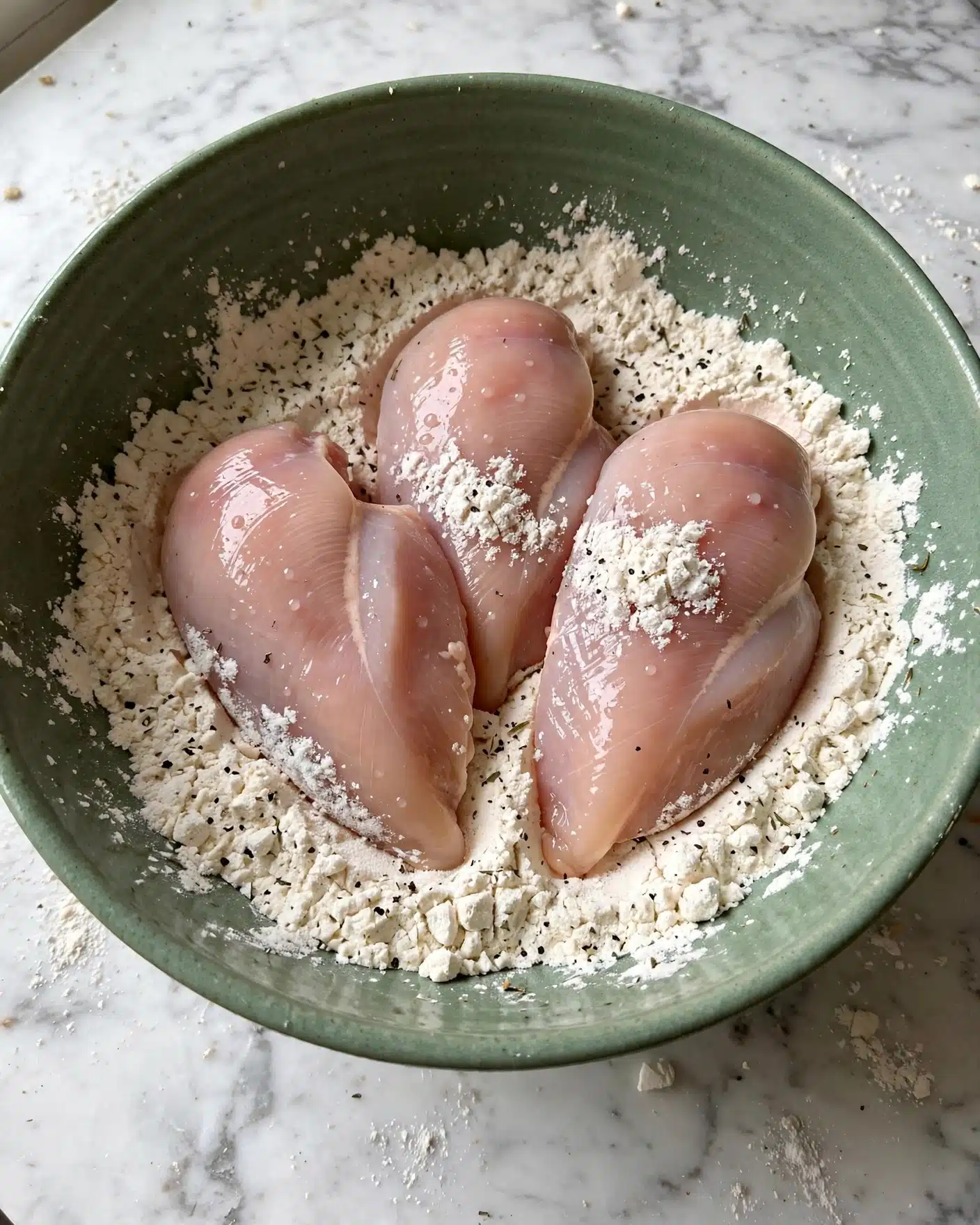 Simple Oven-Baked Chicken Nuggets Recipe 4 A green mixing bowl holds three pieces of raw chicken partially covered in a layer of white flour mixed with specks of dark seasoning. The chicken pieces are light pink and slightly wet, sitting in the middle of the flour. The flour looks powdery and textured, unevenly spread with some thicker parts around the chicken. The bowl is placed on a white marbled surface. photo taken with an iphone --ar 4:5 --v 7