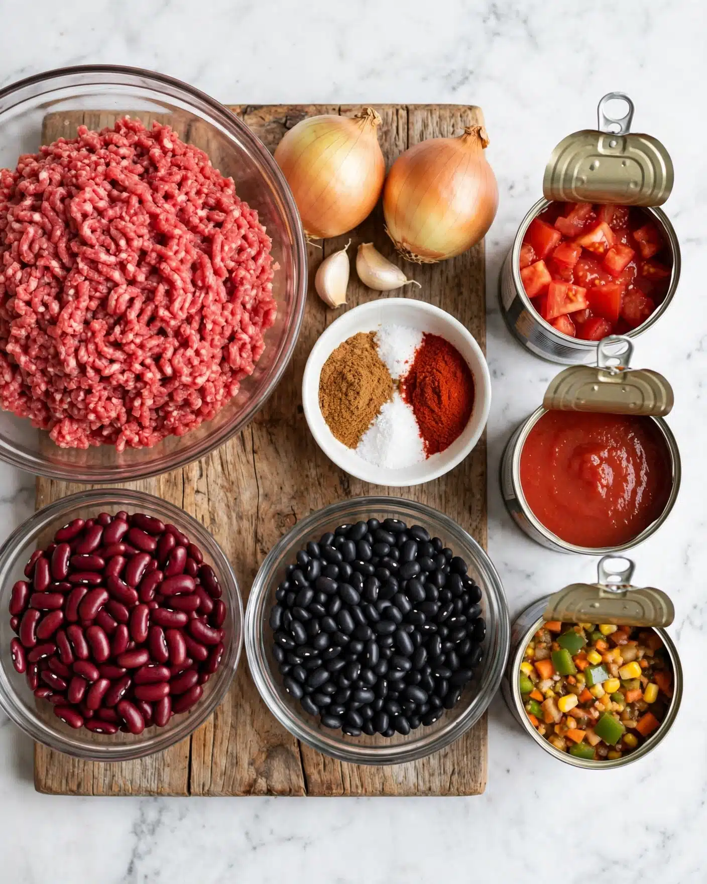 The image shows a wooden surface with several clear bowls and cans arranged neatly. One large clear bowl on the left holds raw red ground meat. Next to it are two yellow onions, two garlic cloves, and a small white bowl with different spices including brown, white, and red powders. In the center, there are two medium-sized clear bowls filled with dark red kidney beans and black beans. On the right side, there are three opened cans with their contents visible: diced tomatoes, tomato sauce, and a chunky vegetable mix. The background is a white marbled texture photo taken with an iphone --ar 4:5 --v 7