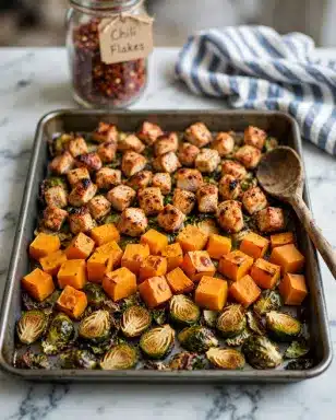 A metal baking tray filled with three layers of food: at the bottom, a thin layer of roasted Brussels sprout halves, showing browned and slightly crispy green edges; scattered on top are medium-sized chunks of roasted butternut squash in bright orange cubes with browned edges; finally, pieces of roasted chicken with a golden-brown and slightly charred skin are spread evenly across the tray. A wooden spoon rests on the right side of the tray. The tray is set on a white marbled surface with a jar of chili flakes and a striped kitchen cloth in the background. photo taken with an iphone --ar 4:5 --v 7